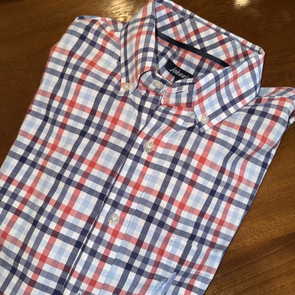 johnnie-O Men's Size L Large Red Blue White Plaid Cotton Long Sleeve Shirt